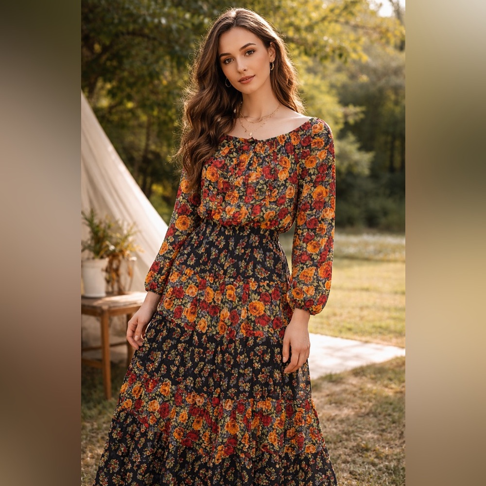 Vintage Floral Top & Maxi Skirt 2pc Set Guaze Cotton Ruffle Cottage Prairie M
